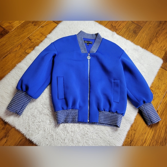 Tadashi Shoji Fuji Neoprene Jacket Full Zip Blue Women's Small - Picture 2 of 12